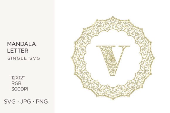 Golden Floral Mandala Frame, Letter V Design