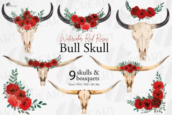 Red Rose Floral Bull Skull with Bouquets: A Versatile Design Asset for Modern Creators