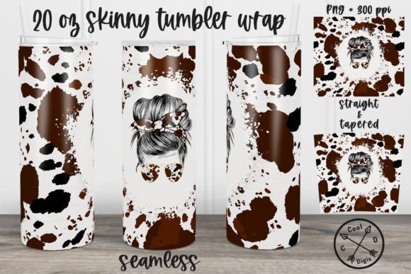 Unleash Your Creativity with the Brown Cow Print Mom Messy Bun Tumbler Design