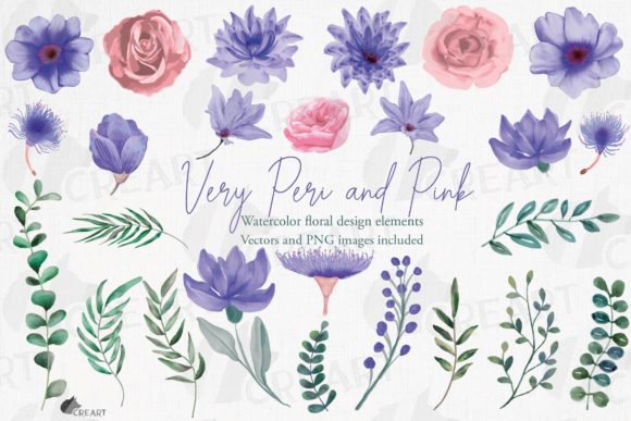 Very Peri and Pink Flowers with Greenery: Elevating Modern Design with Watercolor Florals